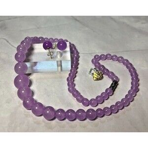 Graduated Lavender Jade Bead Necklace & Earring Set, Sterling Silver 925 (0145)